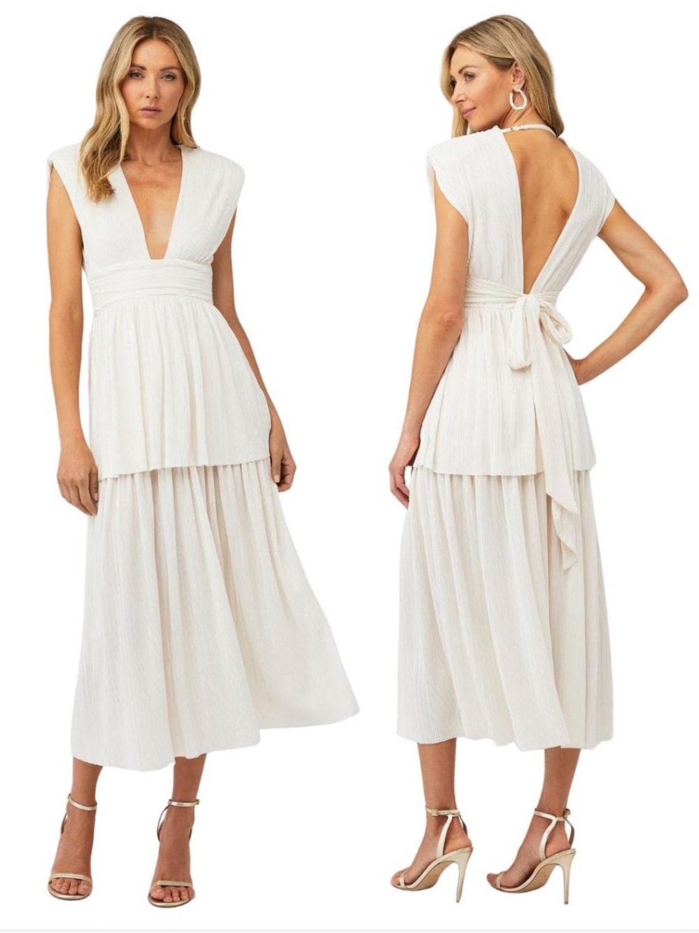 Sabina Musayev Ophelia Pleated White Shimmer Plunging V-Neck Tiered Midi Dress S